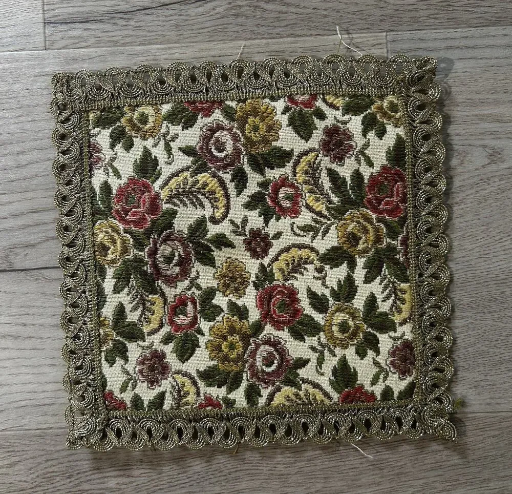 Square Floral Fabric Placemat Green/Gold/Red/Beige with Gold Fringe Trim